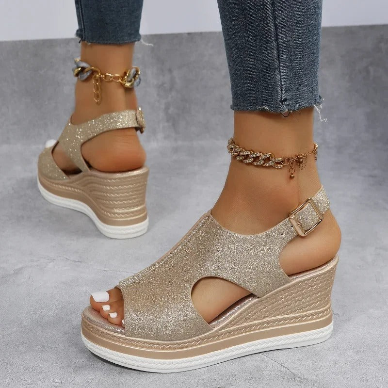 Damen Gold Glitter Wedge