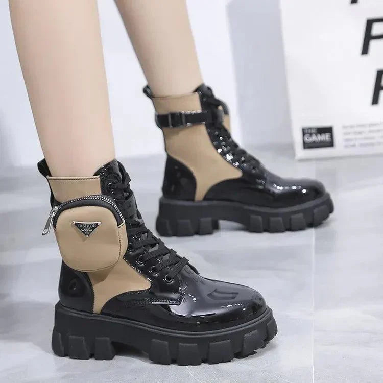 Punk Ankle Platform Motorcycle Boots Women Lace Up Chunky Heel Belt Buckle Pocket Shoes - www.eufashionbags.com