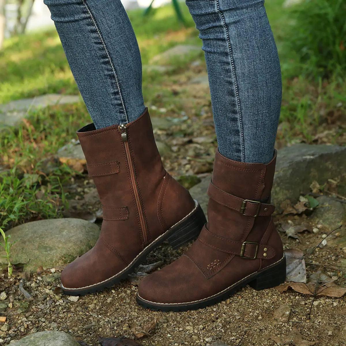 Casual Round Toe Belt Buckle Women Boots-5