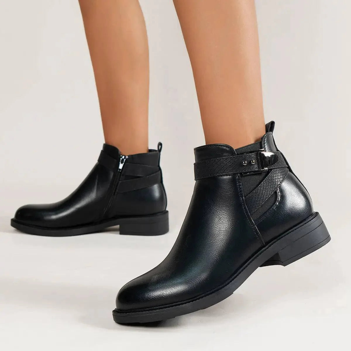 Chelsea Boots Women Black Ankle Boots Side Zipper Buckle-5