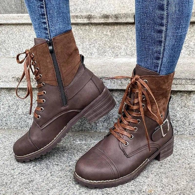 Lace-up Boots Winter Buckle Cowboy Boots Women Low Heel-Brown yellow-2