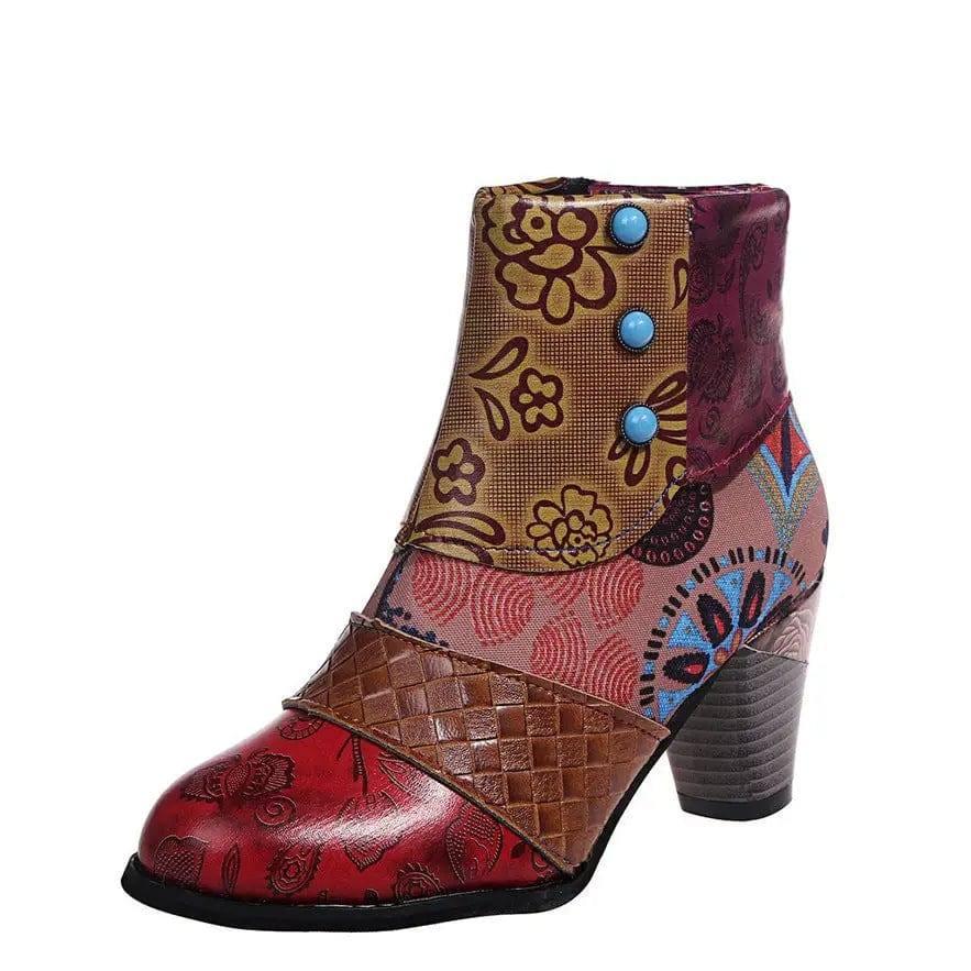 Print Ankle Boots Chunky Mid Heel Boots Women Side Zipper-Blue-9