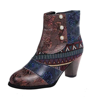 Print Ankle Boots Chunky Mid Heel Boots Women Side Zipper-Green-10