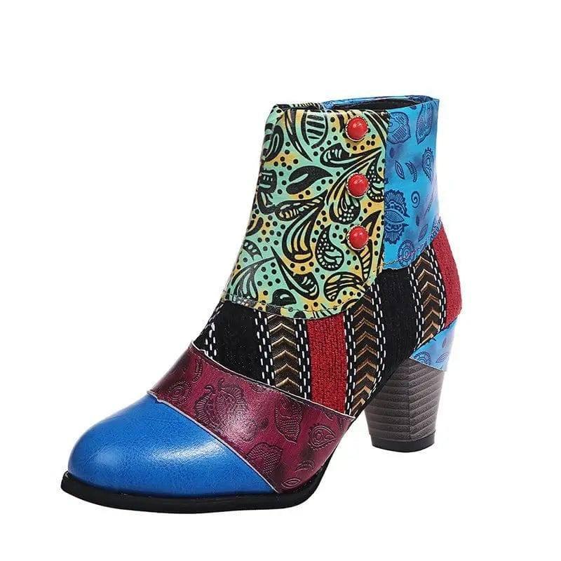 Print Ankle Boots Chunky Mid Heel Boots Women Side Zipper-6