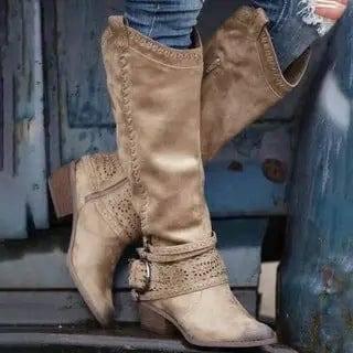 Thick-heeled Lace Belt Buckle Boots Plus Size Women-Khaki-5