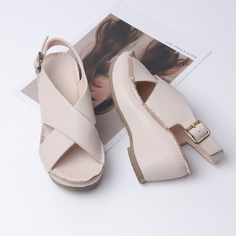 Handgefertigte Leder Riemen Offene Zehe Wedges Sandalen